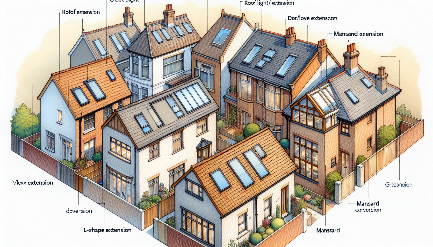 Illustration showcasing the five primary types of loft extensions: roof light/Velux, dormer, hip-to-gable, mansard, and L-shaped conversions