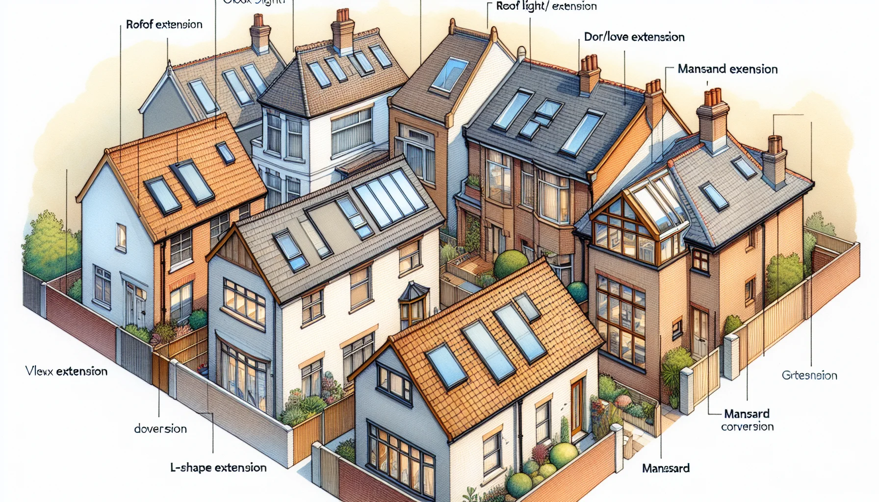 Illustration showcasing the five primary types of loft extensions: roof light/Velux, dormer, hip-to-gable, mansard, and L-shaped conversions