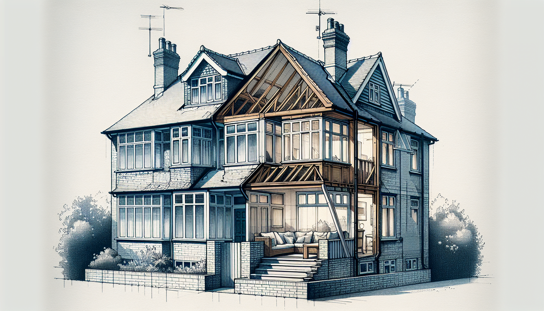 Illustration depicting the transformation of sloping roofs into vertical ends in hip-to-gable conversions