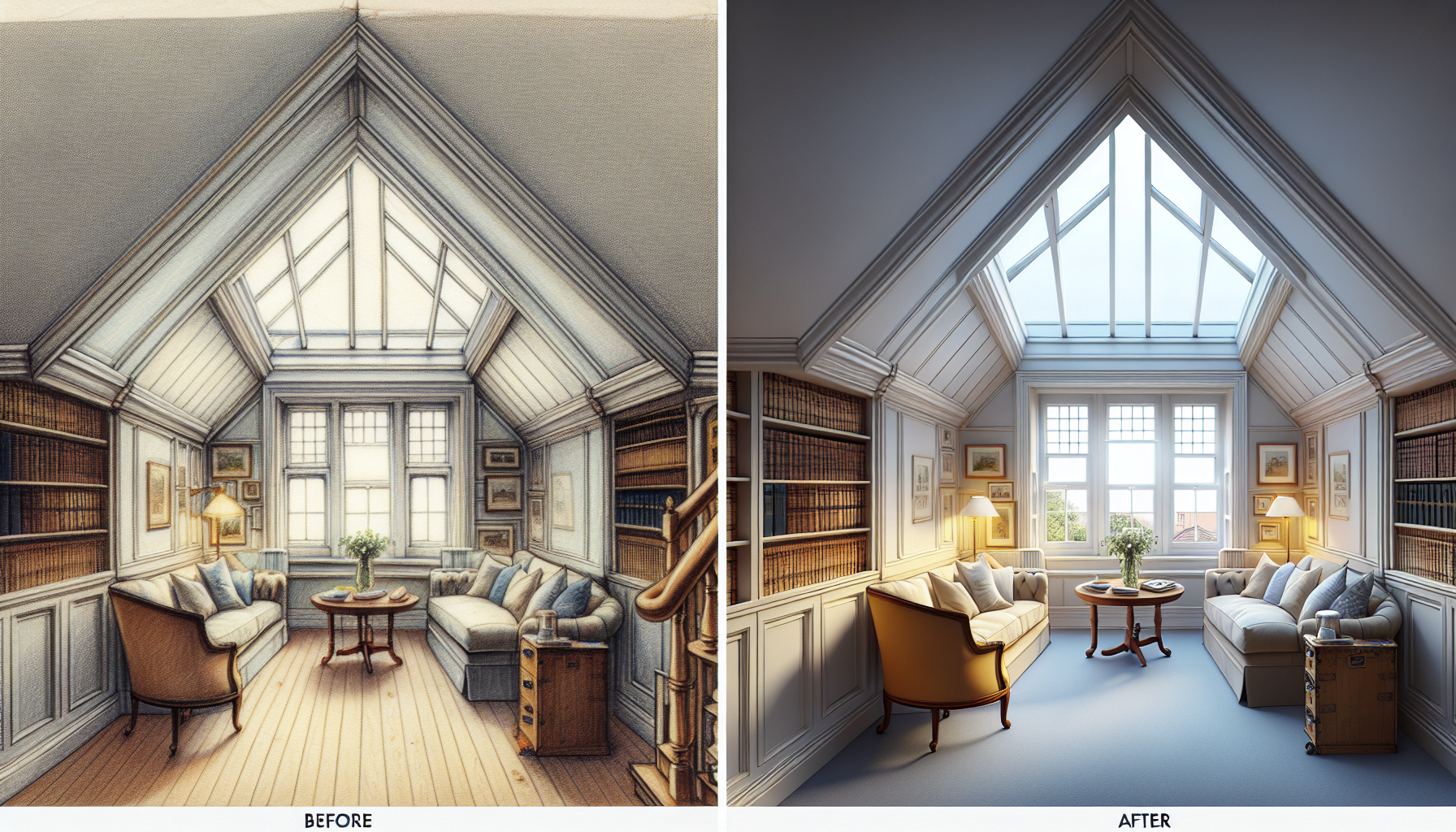 Illustration portraying a comparison of space before and after a mansard extension, maximizing space with style